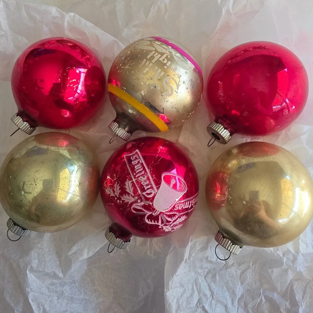 Vintage Shiny Brite Glass Christmas Ornaments Set 6 Red Gold Stenciled 2.5 Inch